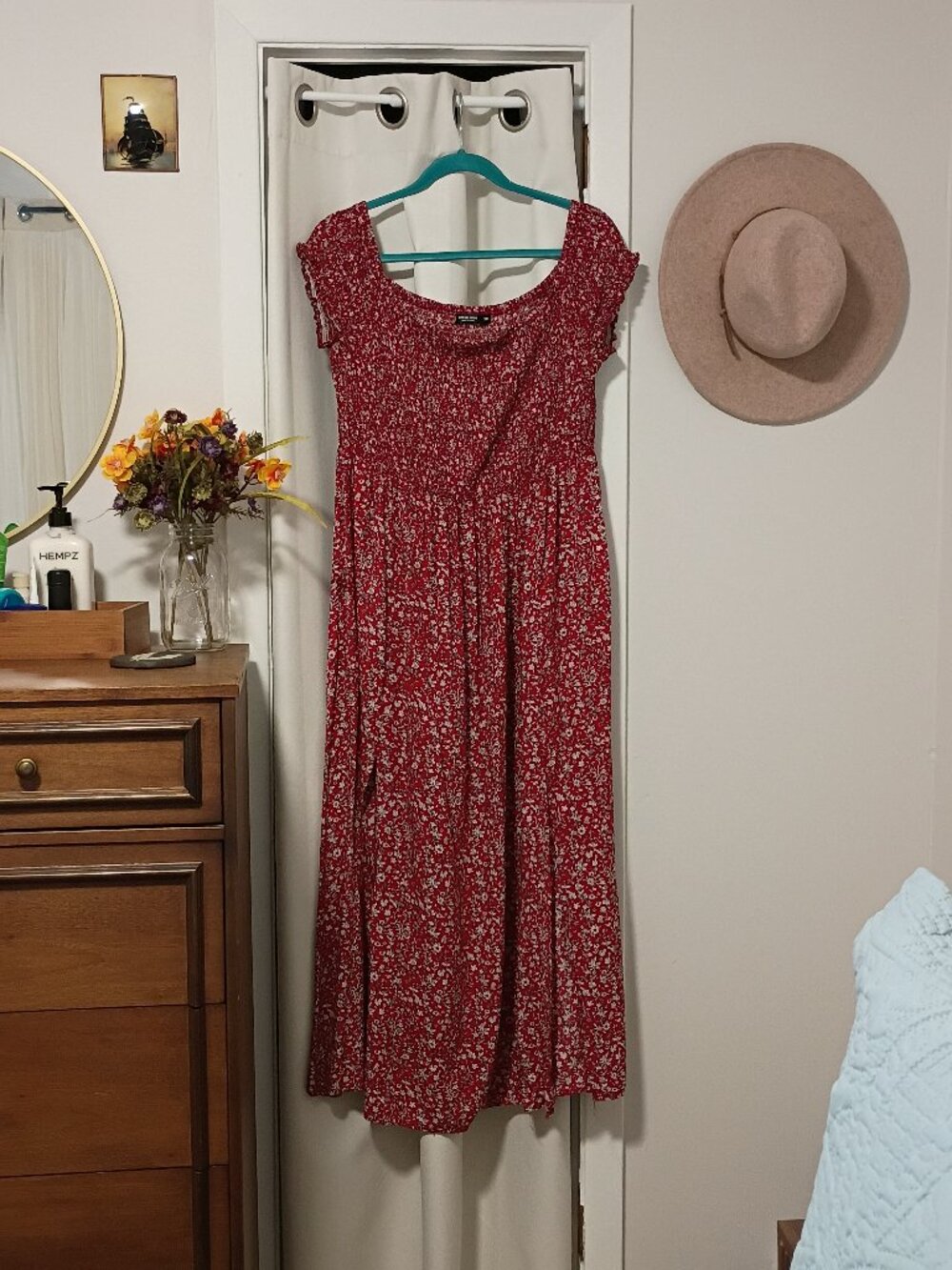 Shein Curve Women Pullover Off-shoulder Floral Smoked Red Maxi Dress Sz 3XL